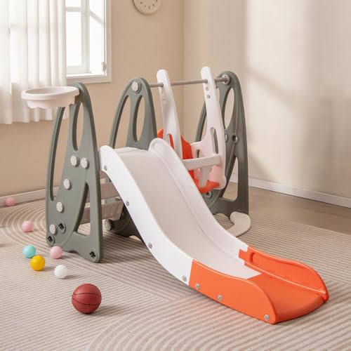 RELAX4LIFE 4 in 1 Scivolo per Bambini, Parco Giochi con Scivolo, Altalena, Canestro da Basket e Scaletta da Arrampicata, Set di Gioco da Interno ed Esterno, 18 Mesi+ (Arancione+Verde, M2)