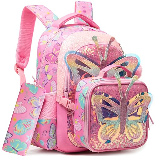 Meetbelify Backpacks for Girls School Backpacks with Lunch Box Pencil Case for Elementary Students Ages 8-10 Kids Travel Backpack 3 in 1 Backpack Set for Girls Butterfly