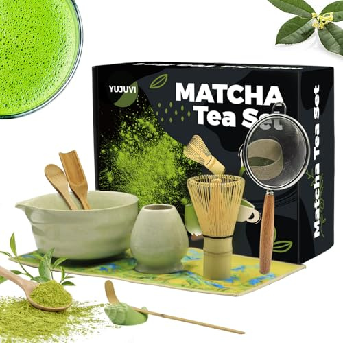YUJUVI Matcha Kit Matcha Whisk Set Accessorio per cerimonia del Matcha Giapponese 9 pezzi Ciotola Matcha con Becco Frusta al Matcha Ouiller per tè Kit di produzione di tè (sfumato verde kit)