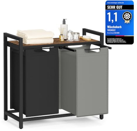 VASAGLE Laundry Basket, 2-Compartment Laundry Hamper, Pull-Out and Removable Liner Bags, Clothes Sorter, Shelf, Metal Frame, 2 x 46 L, 73 x 33 x 72 cm, Bicolor and Rustic Brown BLH201X01