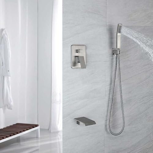 Rubinetto Vasca a Cascata Spazzolato Miscelatore Doccia Incasso con Deviatore Kit Doccia con Soffione e Doccetta