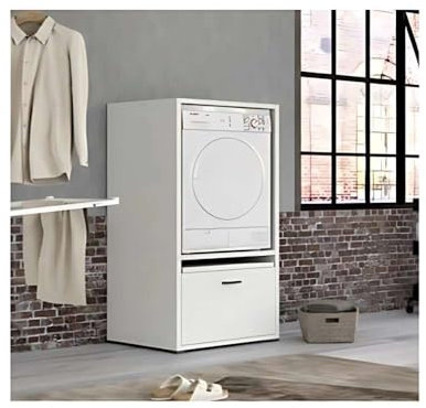 Mobile Lavanderia Bianco per Lavatrice, Struttura Melaminica, 70x64x146 cm, con Cassettone e Ripiano