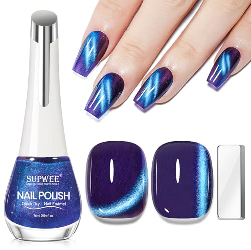 SUPWEE Cat Eye Nail Polish Non Gel with Magnet, Blue Violet Magnetic Polish Quick Dry No UV Lamp Needed, Air Dry Fast Lacquer Manicure DIY Art Gift for Women Girls 16ml