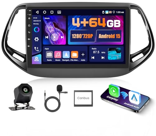 Hikity 4+64G 10.1 Radio Android para Jeep Compass 2017-2020 | IPS Pantalla Táctil Wireless Carplay Radio 2 DIN GPS Bluetooth 5.0 5G WiFi FM/RDS Cámara Trasera Control del Volante 4+64G