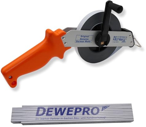 Richter Stahlbandmaß 30m mit mm-Teilung - Maßanfang D - Bandmaß 13mm breit mit Leichtmetallrahmen - weiß lackiert mit Duplex-Teilung - im Set inkl. 1 St. DEWEPRO Zollstock 2m