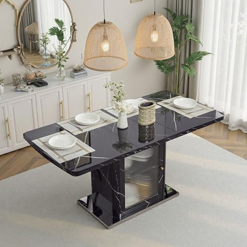 TIZZ Mesa de comedor moderna rectangular de 120 cm-160 cm, extensible, con tablero de mármol negro estampado + pata de mesa con armario de almacenamiento con base de metal
