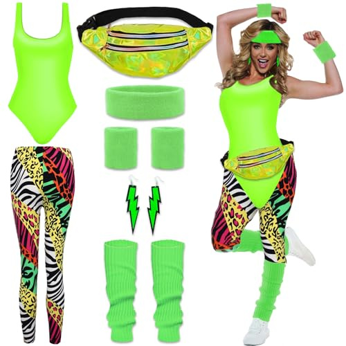 80er 90er Jahre Outfit Damen- Retro Trainingsanzug Workout Kostüm 80er Kleidung Accessoires Frauen mit 80s 90s Clothes Leggings Bauchtasche Stirnband Beinwärmer für Karneval Fasching Mottoparty Kostüm