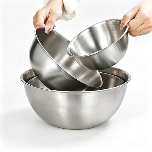 Homeily 304 Edelstahl Salatschüssel Set, Spülmaschinenfeste, 0.7L/1.2L/1.8L | 304 Edelstahl, Rostfrei, Spülmaschinenfest, Multifunktional für Salat, Backen, Mischen, Servieren