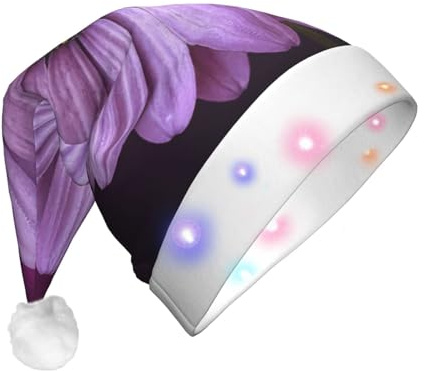 Cxzmnba Sombrero de Navidad con luces LED de crisantemo morado, gorro de Papá Noel unisex con luz para adultos, regalo de vacaciones y fiestas y Año Nuevo