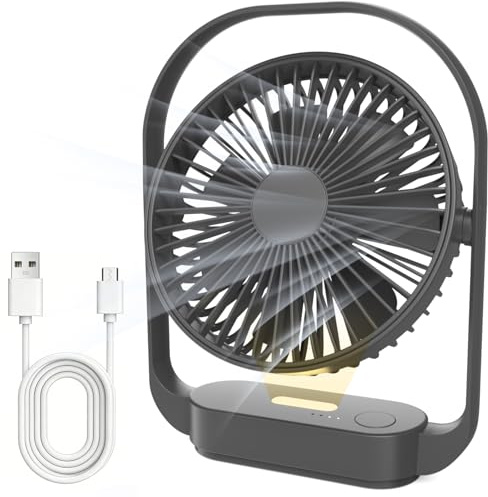 SURFOU Ventilador de Mesa 4000mAh, Sin Cable, 4 Velocidades, 2 Modos de Luz Nocturna, Recargable por USB-C, Hasta 20 h de Autonomía, Silencioso, para Dormitorio, Oficina (Negro)