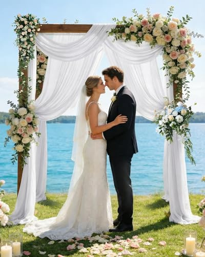 ugaxhome 2 Stück 75x600cm Hochzeit Vorhang Chiffon-Stoff Hochzeitsbogen Traubogen Vorhang Querbehang Hochzeits Hintergrund Volant Vorhäng Hängender Effekt für Hochzeit Fotografie Torbogen (Weiß)