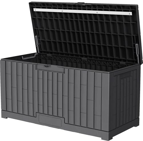dobar® Auflagenbox 375 L aus Kunststoff - Gartentruhe witterungsbeständig in Holzoptik - abschließbare Gartenbox für Sitzauflagen, Kissen & Gartenzubehör - 123 x 58,5 x 62 cm - Anthrazit
