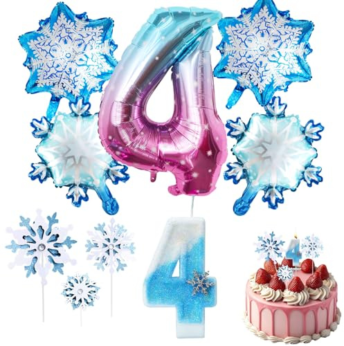Decoraciones de Cumpleaños 4 Años 9 Piezas, Globos Copo de Nieve, Globo Número 4, 3D Velas de cumpleaños con Número de Copo de Nieve, Decoraciones de Copos de Nieve para Pastel