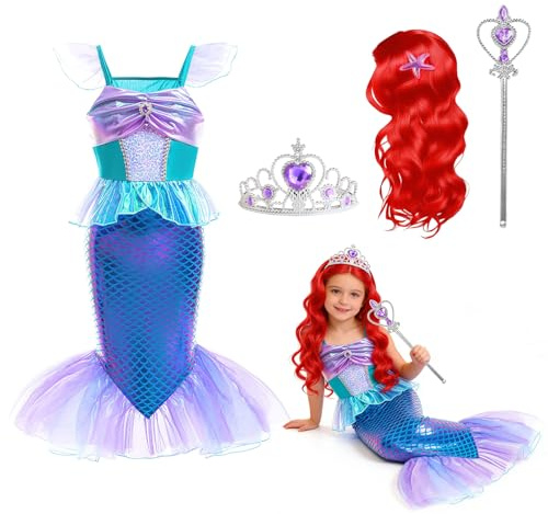 FainFun 4-delat set sjöjungfrusdräkt för flickor, sjöjungfrur, prinsessklänning, flicka, sjöjungfrukostym för flickor, karneval för karneval, halloween, maskerad, andra festligheter (A, 110)