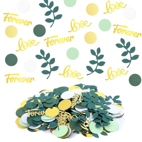 300 coriandoli decorativi da spargere per matrimoni, compleanni, matrimoni, verdi, vintage, Just Married, rotondi, dorati, glitterati, decorazione da tavolo per matrimoni, feste, compleanni, matrimoni