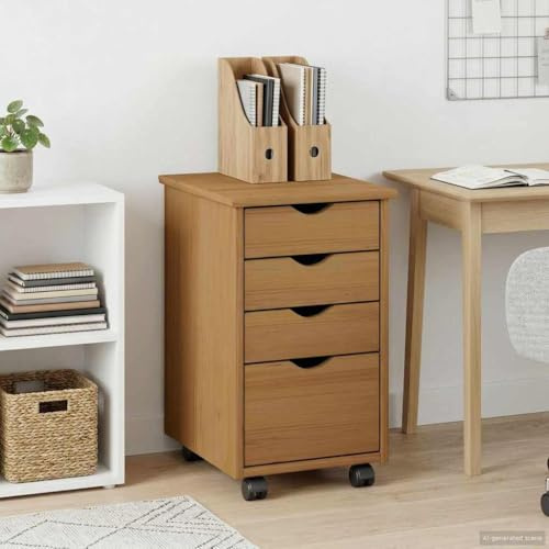 GeenYuu Rollschrank mit Rollen Moss Honigbraun aus massivem Kiefernholz 34 x 39 x 56 cm mit 4 Schubladen für Büro, Hauswirtschaftsraum und Garage, platzsparender Ordnungsschrank mit Stauraum