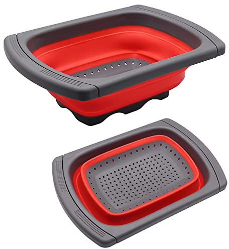 CCUCKY Colador Plegable para Fregadero de Cocina,3.8L Gran Capacidad con Mangos Extensibles,Cesta de Colador, Ahorro de Espacio,Drenaje Rápido,Se Adapta a la Mayoría de los Fregaderos-Rojo