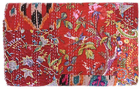 Indio King Size Ropa de Cama Bohemia Kantha Mix Patchwork Kantha Rallies Manta Reversible Colcha Colcha Hecha a Mano Kantha 90 * 108 (Red Patch)