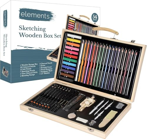 Elements Wooden Art Box Sketching Set 54pc – Supplies for Teens & Adults