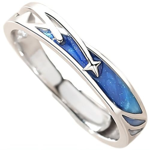 NicoWerk ring silver 925 dam – justerbar silverring dam 925 silver med stjärnfall, blå ring med stjärna för kvinnor – SRI672, 925 sterlingsilver, emalj