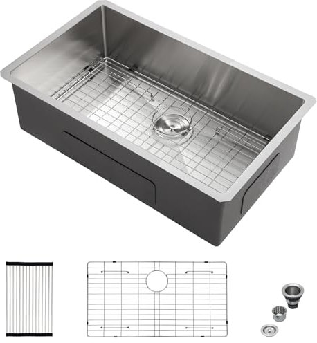 Mocoloo 76,2 cm Unterbau-Küchenspüle Edelstahl Küchenspüle 30 x 18 Unterbau 16 Gauge Edelstahlspüle mit 25,4 cm tiefer Einzelbecken, handgefertigt, runde Ecke