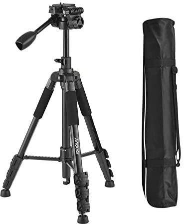 Andoer Treppiede per fotocamera, 157 cm, treppiede da viaggio con monopiede, treppiede per foto con collegamento a vite da 1/4, morsetto per telefono, custodia per la registrazione video Vlog Live