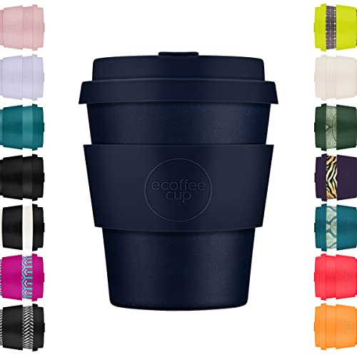 Ecoffee Cup 8oz 240ml Wiederverwendbare umweltfreundliche 100% pflanzliche Kaffeetasse mit Silikondeckel und Hülle - Melaminfreie und biologisch abbaubare Reisetasse, Dark Energy