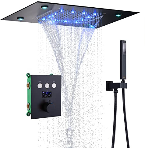 Matte Black 14 X 20 Inch Rain LED Ceiling Shower Head With Hand Held Sprays Large Luxury Rainfall Shower System Fixtures Thermostatic Mixer Set Kit Included
