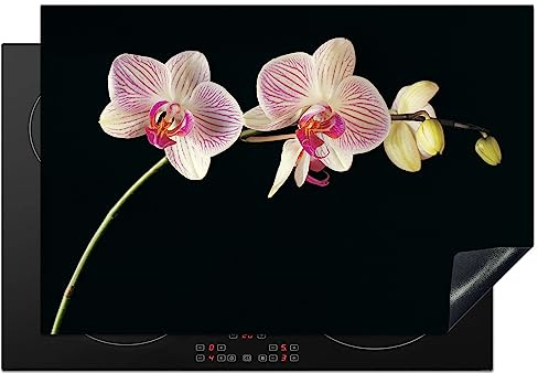 KitchenYeah© Herdabdeckplatte Einteilig Ceranfeld Abdeckplatte | 77x51 cm - Induktionsschutz Ceranfeldabdeckung Vinyl Herdabdeckplatten Orchidee - Pink - Blumen - Schwarz - Rosa - Natur