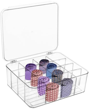 Varku Tie Organizer Box, 16-Cell Clear Tie Rack Organizer, Stackable Tie Display Rack, Drawer Closet Storage Bin with Lid, Storage Box for Ties (16 Cell)