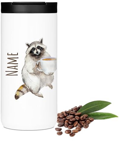 GRAZDesign Thermobecher mit Namen personalisiert mit Tasse Geschenk Weihnachten, Kaffeebecher to go Edelstahl 400ml (Waschbär mit Tasse, 400ml)