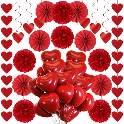 YiYa Kit Di Decorazioni Per San Valentino Red Valentines Balloons Carta Pompoms Fiori Ventaglio Palla Decorazione Romantica Per Valentines Matrimoni Feste E Feste Fidanzamenti