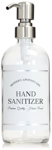 Artanis Home Clear Refillable Hand Sanitizer Dispenser with Pump for Home, Office, Restaurants - Empty Glass Boston Round Bottle - Waterproof Label - 16 oz