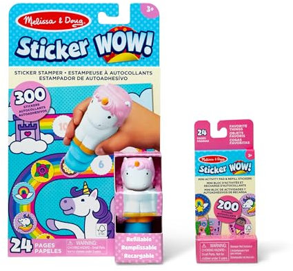 Melissa & Doug Sticker WOW Age 3+! Unicorn Bundle: 24-Page Activity Pad, Sticker Stamper, Mini Activity Pad, 500 Stickers, Arts and Crafts Fidget Toy Collectible Character