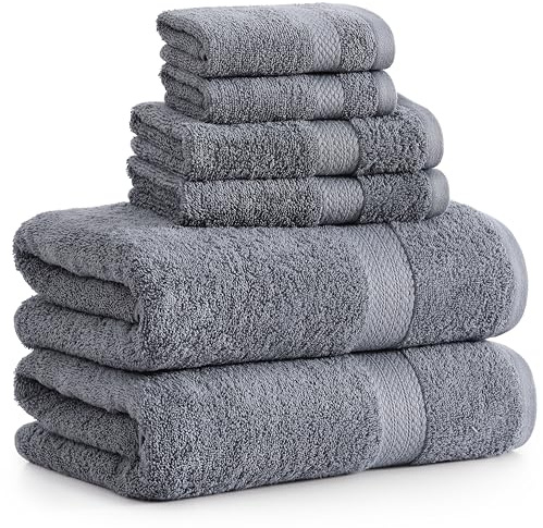 LANE LINEN 100% Cotton Bath Towel Set - 6 Pieces - Softer, Durable & Highly Absorbent - 2 Bath, 2 Wash cloths, 2 Hand Towels for Bathroom - Family Set, Premium Quality & OEKO-TEX Certified - Cool Grey