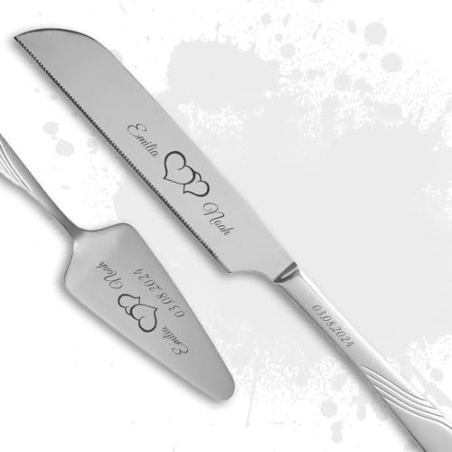 Generic Tortenmesser + Kuchenheber Set mit eigener Gravur/Hochzeit Motiv Herzen Geschenk Brautpaar Tortenheber (Herzen)