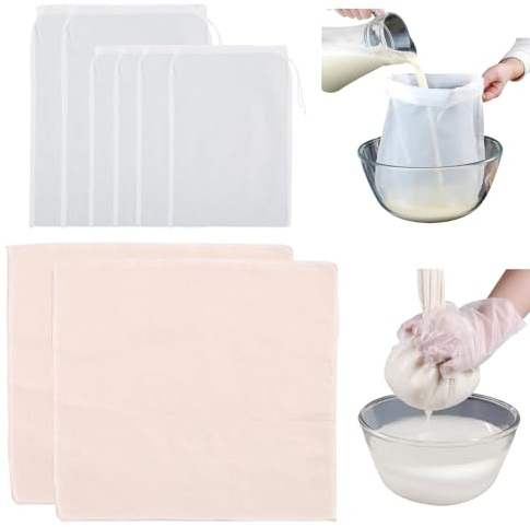 KASESSS 6 Stück Filterbeutel und 2 Passiertuch, Wiederverwendbar Käsetuch und Nussmilchbeutel, Cheesecloth Waschbar Abseihtuch 3 Größe Siebbeutel mit Kordelzug Brew Bag zum Abseihen Kochen Backen