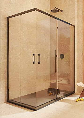 SOULBATH Mampara Angular 2 correderas + 2 fijos, con Perfil Inferior, Fácil instalación Reversible Vidrio de Seguridad 6mm antical, 67,5-70 x 137,5-140 cm Ancho Adaptable - H= 195cm, Negro Mate