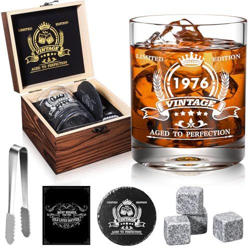 veecom 50th Birthday Gifts Men, 50th Birthday Whiskey Glass 354ml, 1976 Whisky Glasses for 50 Year Old Man, Rum Glass Old Man Gifts Ideas for Him, Dad, Husband, Grandpa - Wood Box & Whiskey Stones