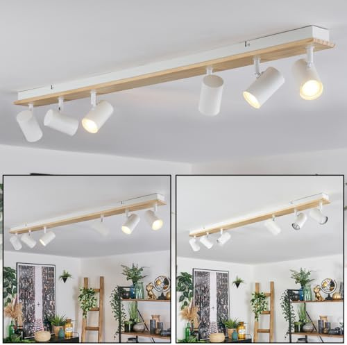 HOFSTEIN Deckenleuchte Gesteira, 6-flammige Deckenlampe aus Metall/Holz in Weiß/Naturfarben, Leuchte im modernen Boho-Design m. verstellbaren Schirmen, GU10, Esszimmer, Wohnzimmer, Küche, Schlafzimmer