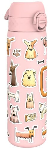 Ion8 Gourde Inox Léger, 600ml, Non Isolé, Anti-Fuite, Facile à Ouvrir, Verrouillage Sécurisé, Lavable au Lave-Vaisselle, Poignée de Transport, Durable, Acier Inoxydable, Chiens