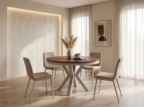 WFL GROUP Runder Ausziehbarer Esstisch im Loft-Stil - Industrieller Tisch mit Grau-Beige Kaschmir Metallbeinen - Platzsparender Tisch für Wohnzimmer - Lefkas Eiche - 120 bis 200 cm
