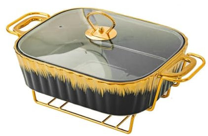 forestalk Rechteckige Keramik-Kasserolle, Auflaufform, Geschirr, Kerze, Feuerheizung, Hotel, trockene Suppentopf mit goldenem Gestell (Größe: 27,9 cm, Farbe: Schwarz)
