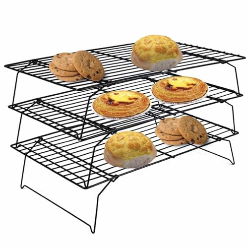 QISF 3 Tier Cooling Rack for Baking, 40x25cm Non Stick Wire Cooling Rack，Collapsible Baking Tools - Ideal for Cakes, Muffins, Pizza & Grilling，Compatible with Bakeware Oven Tray