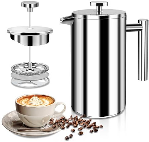 LUOJINYI Cafetera de acero inoxidable, 1000 ml, prensa francesa, sistema de aislamiento de doble pared con construcción de dos capas, gran capacidad, ideal para regalar a los amantes