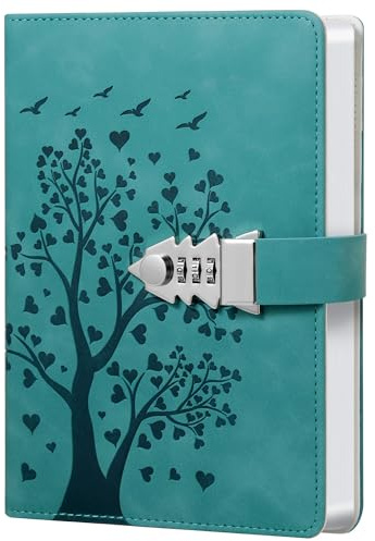 HwxBen Carnet en cuir PU avec serrure à combinaison, motif arbre en cœur, cyan, format A5, 244 pages, avec porte-stylo, poche intérieure et marque-page, idéal pour écrire ou offrir