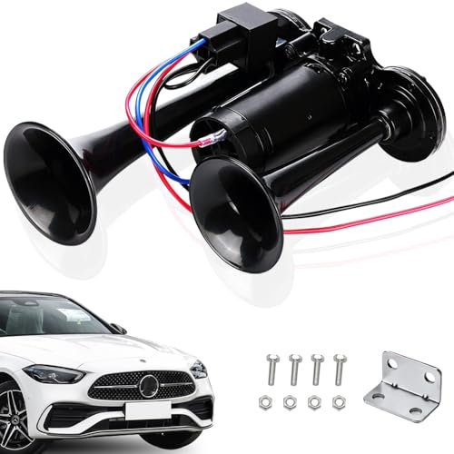 SGZIOO Air Horn 12v 150 DB, 12v Air Horn with Compressor, Double Tube Train Horn, Dual Trumpets, Super Loud Car Horn for Truck, Train, Car, Van, Black