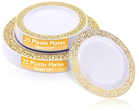 AKOLAFE 50 Pièces Assiette Plastique Reutilisable 19cm et 26cm Assiette en Plastique Blanche Assiettes Doré Edge plastique Assiettes plastiques Rigide pour Mariages, Fêtes, Anniversaires
