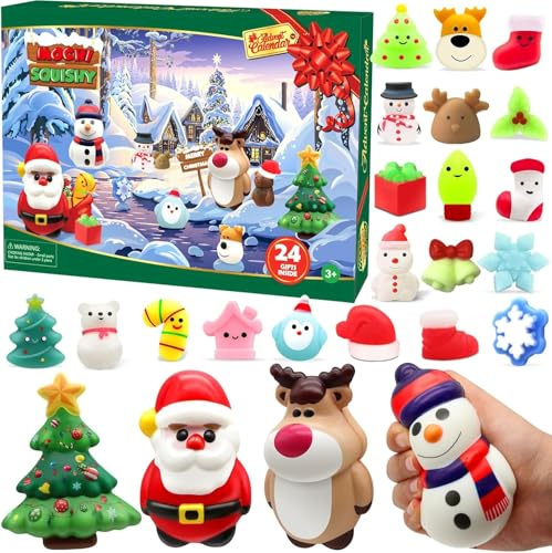 LATERN Calendrier de L'avent de Noël 2025, 24 Jours Calendrier de Compte à Rebours de Noël avec 4 Jouets Jumbo et 20 Jouets Mochi Squishy pour 3 à 9 Ans Enfants Noël Cadeaux Fêtes Décoration