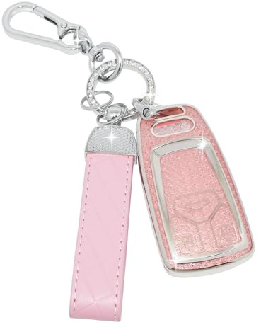 SparkleJoy Autoschlüssel Hülle Glitzer mit Leder-Schlüsselanhänger Kompatibel mit Audi A4 B9 A5 Q7 Q5 TT TTS S4 S5 RS4 RS5 3 Tasten Schlüssel, TPU Silikon Schutzhülle Cover - Smart Key